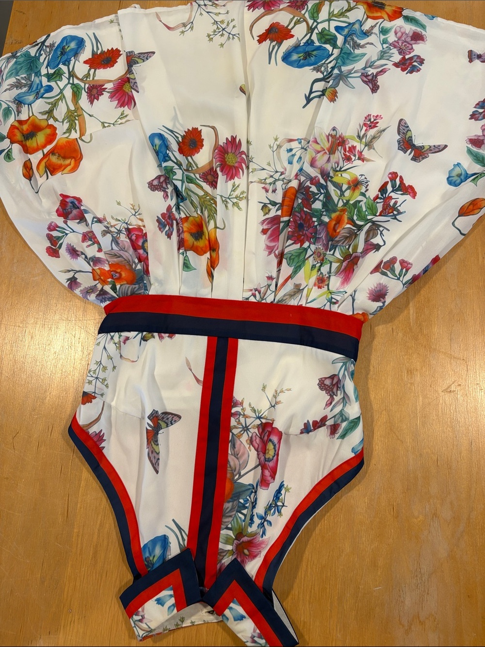 L'ATISTE ~ White Floral Dress Backless Red Navy Trim Layered Sheer